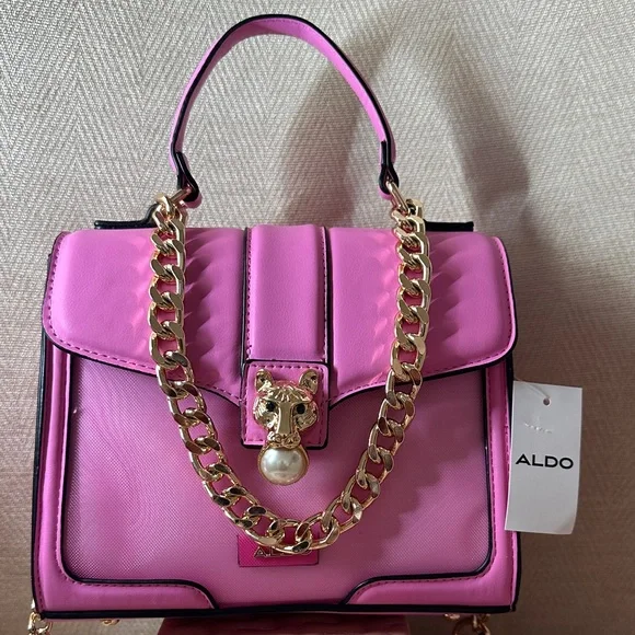 Aldo Fuchsia Satchel Bag With Gold Chain detail and lion head - Picture 2 of 9
